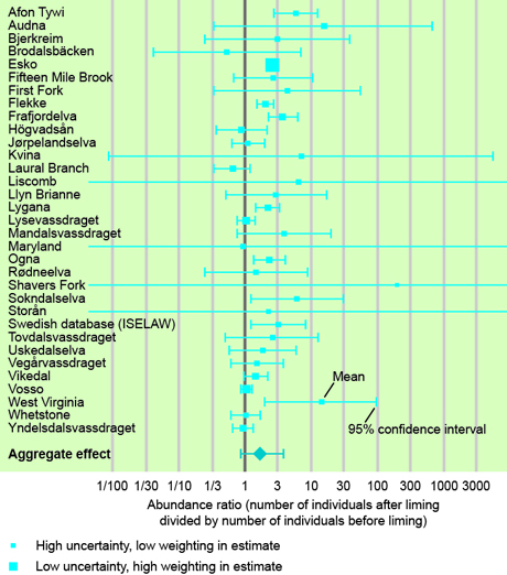 The figure above shows how the British review summarised the effects of liming on the fish fauna in flowing waters. The data are taken from studies of Nordic, British and North American watercourses. For each individual study, the mean effect of the liming on fish abundance (combined with a measure of uncertainty) was specified. At the bottom, the individual results are combined in an estimated weighted mean that implies an average increase in fish stocks by a factor of 1.7 after liming.